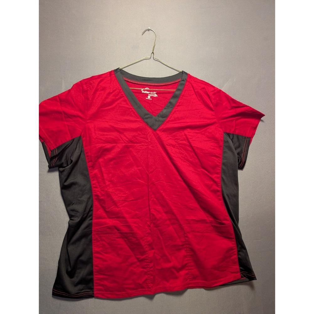 Butter-Soft Scrub Top Womens XL Red V Neck Stretch Workwear Pockets Uniform